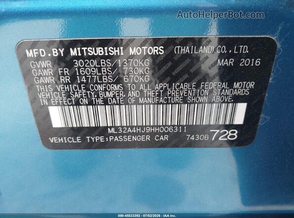 ML32A4HJ9HH006311 2017 MITSUBISHI MIRAGE Blue Engine compartment view