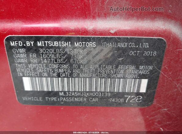 ML32A5HJ1KH003139 2019 MITSUBISHI MIRAGE Красный Вид подкапотного пространства