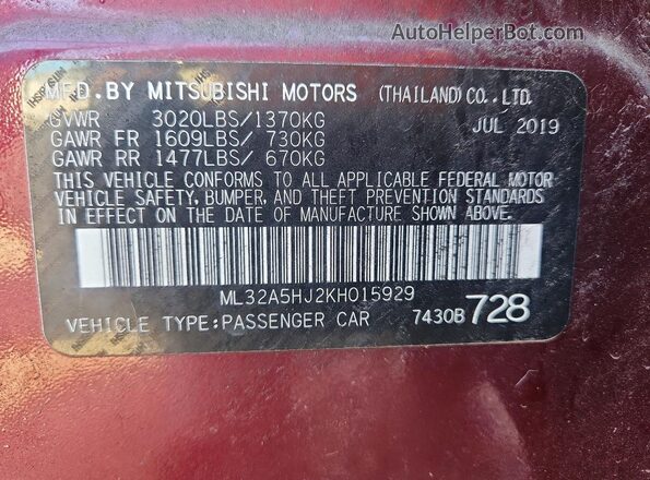ML32A5HJ2KH015929 2019 MITSUBISHI MIRAGE Maroon Widok naklejki z numerem VIN