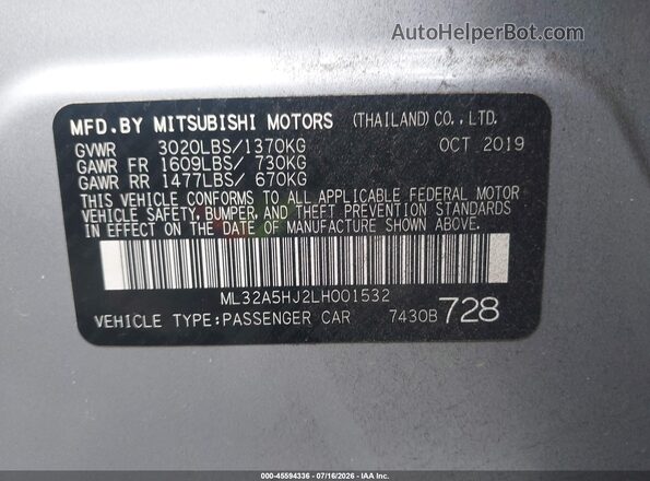 ML32A5HJ2LH001532 2020 MITSUBISHI MIRAGE Серебряный Вид подкапотного пространства