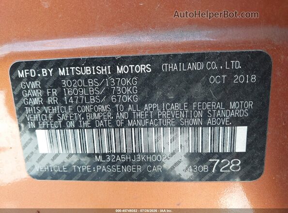 ML32A5HJ3KH002509 2019 MITSUBISHI MIRAGE Orange Engine compartment view