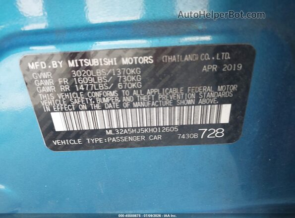 ML32A5HJ5KH012605 2019 MITSUBISHI MIRAGE Синий Вид подкапотного пространства