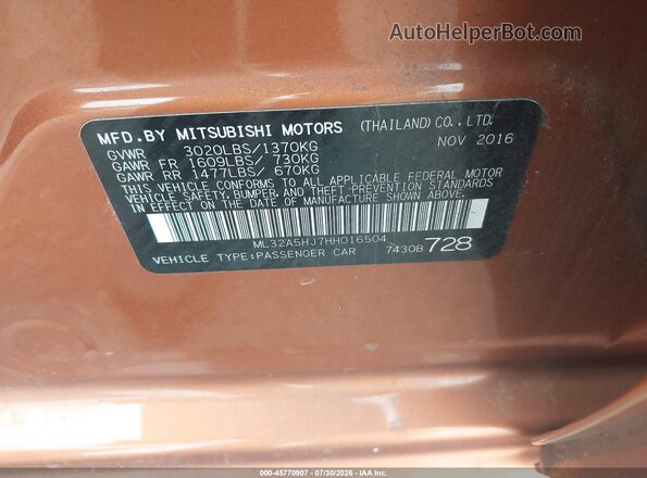 ML32A5HJ7HH016504 2017 MITSUBISHI MIRAGE Orange Вид підкапотного простору