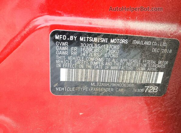 ML32A5HJ9KH006368 2019 MITSUBISHI MIRAGE Burgundy Widok komory silnika