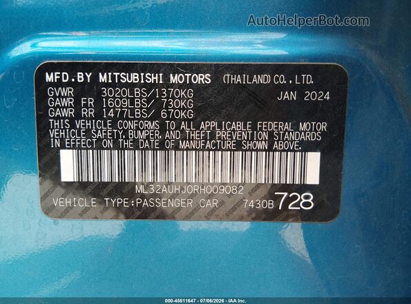 ML32AUHJ0RH009082 2024 MITSUBISHI MIRAGE Blue Շարժիչի բաժամունքի տեսք