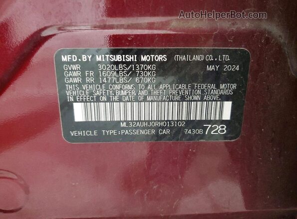 ML32AUHJ0RH013102 2024 MITSUBISHI MIRAGE Burgundy Вид підкапотного простору