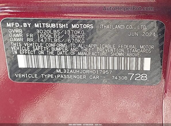 ML32AUHJ0RH017957 2024 MITSUBISHI MIRAGE Red Շարժիչի բաժամունքի տեսք