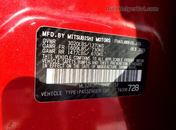 ML32AUHJ1NH001132 2022 MITSUBISHI MIRAGE Red Engine compartment view