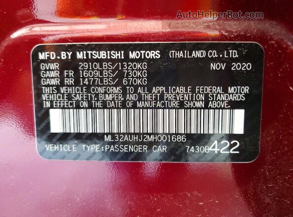 ML32AUHJ2MH001686 2021 MITSUBISHI MIRAGE Purple Widok naklejki z numerem VIN