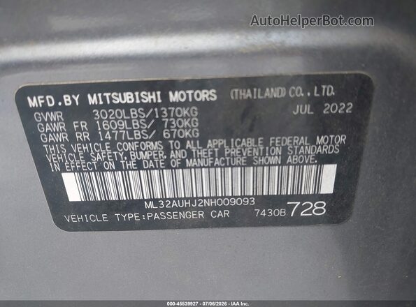 ML32AUHJ2NH009093 2022 MITSUBISHI MIRAGE Серый Вид подкапотного пространства