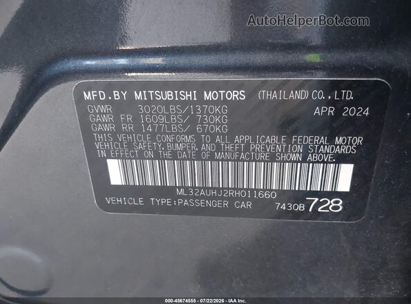 ML32AUHJ2RH011660 2024 MITSUBISHI MIRAGE Gray Вид підкапотного простору