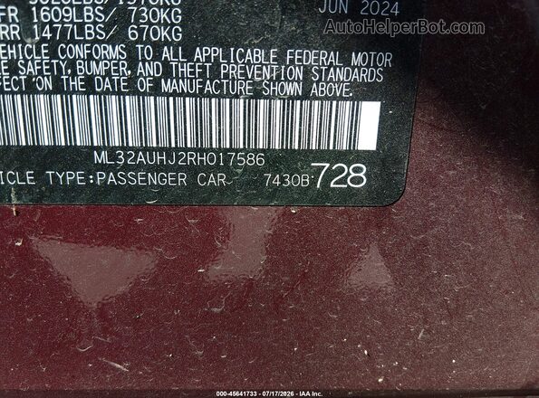 ML32AUHJ2RH017586 2024 MITSUBISHI MIRAGE Бордовый Вид подкапотного пространства