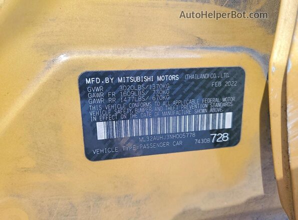 ML32AUHJ3NH005778 2022 MITSUBISHI MIRAGE Золотой Вид подкапотного пространства