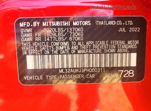ML32AUHJ3PH000311 2023 MITSUBISHI MIRAGE Red ძრავის განყოფილების ხედი
