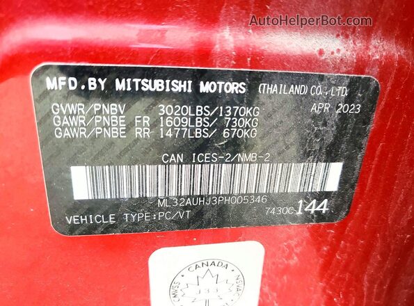 ML32AUHJ3PH005346 2023 MITSUBISHI MIRAGE Red VIN კოდის სტიკერის ხედი