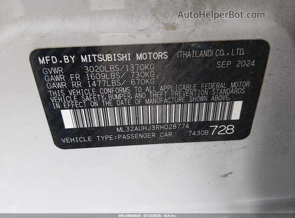 ML32AUHJ3RH028774 2024 MITSUBISHI MIRAGE White Вид підкапотного простору