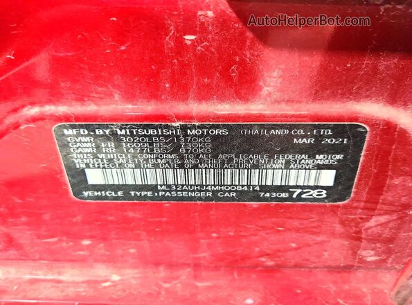 ML32AUHJ4MH008414 2021 MITSUBISHI MIRAGE Red VIN კოდის სტიკერის ხედი