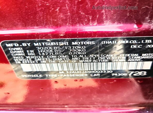 ML32AUHJ4NH003330 2022 MITSUBISHI MIRAGE Burgundy Widok naklejki z numerem VIN