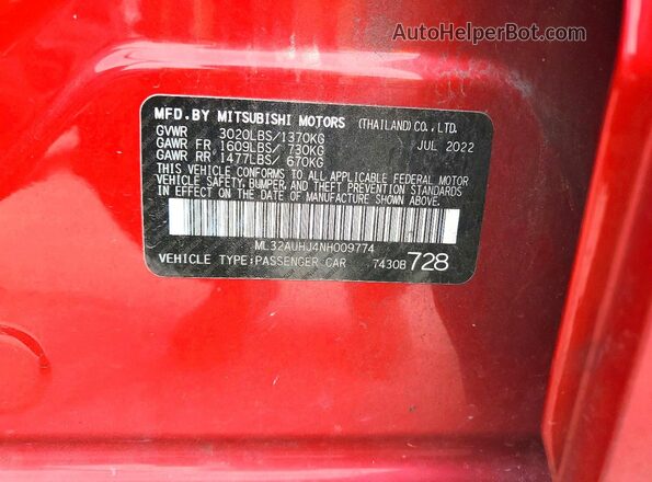 ML32AUHJ4NH009774 2022 MITSUBISHI MIRAGE Red Вид наклейки з VIN-кодом
