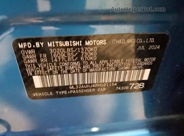 ML32AUHJ4RH021154 2024 MITSUBISHI MIRAGE Blue VIN კოდის სტიკერის ხედი