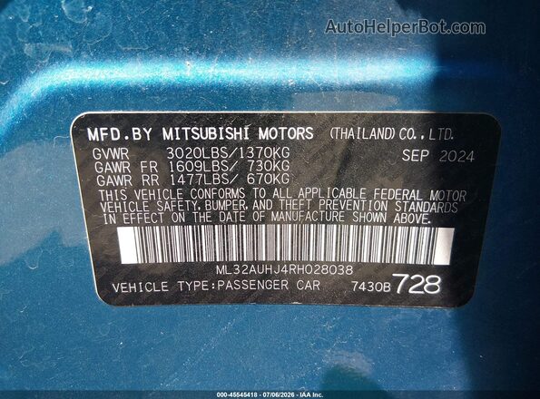 ML32AUHJ4RH028038 2024 MITSUBISHI MIRAGE Blue ძრავის განყოფილების ხედი