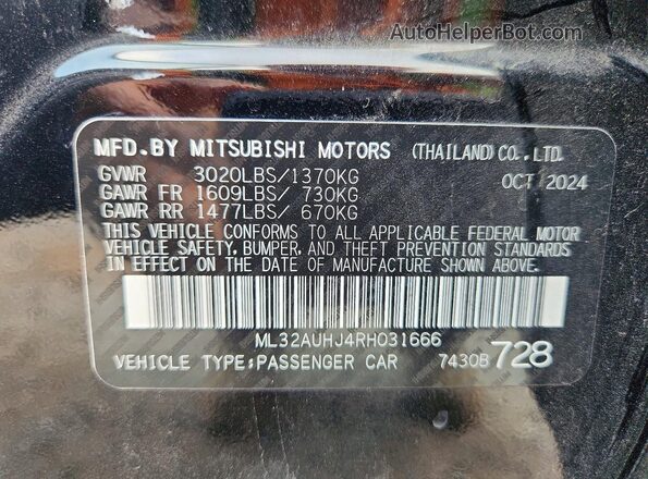 ML32AUHJ4RH031666 2024 MITSUBISHI MIRAGE Black Vista de la etiqueta del VIN