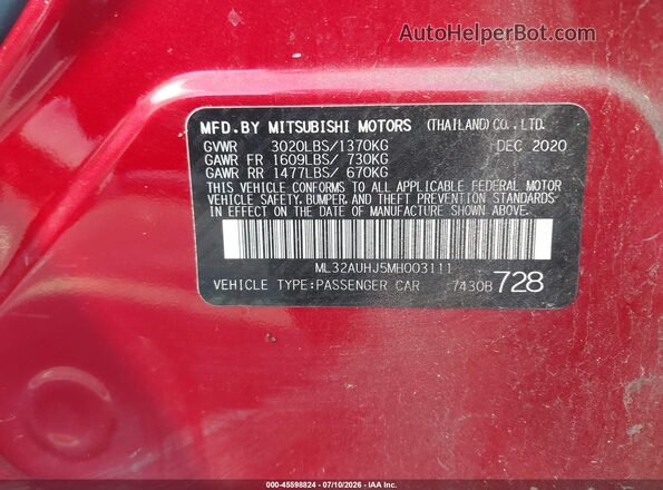 ML32AUHJ5MH003111 2021 MITSUBISHI MIRAGE Red Engine compartment view