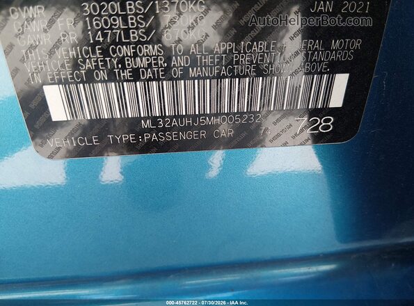 ML32AUHJ5MH005232 2021 MITSUBISHI MIRAGE Blue Engine compartment view