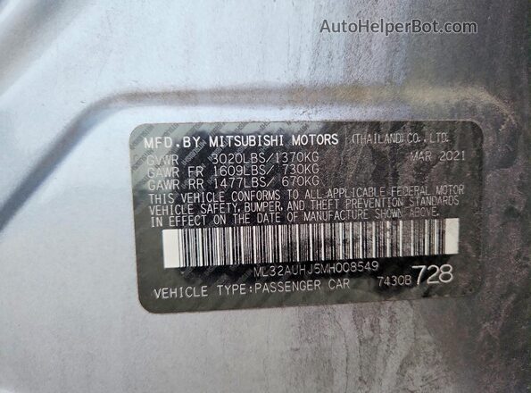 ML32AUHJ5MH008549 2021 MITSUBISHI MIRAGE Gray VIN კოდის სტიკერის ხედი