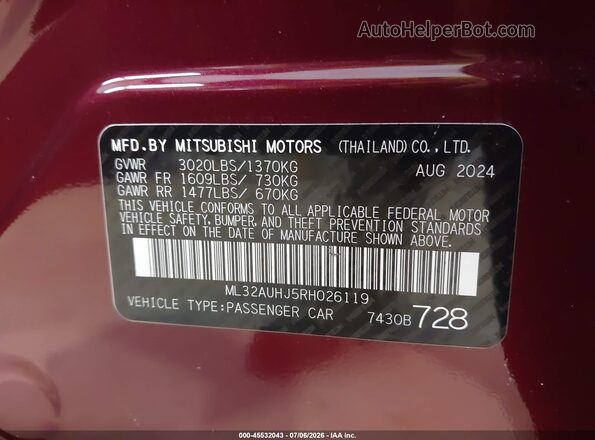 ML32AUHJ5RH026119 2024 MITSUBISHI MIRAGE Maroon ძრავის განყოფილების ხედი