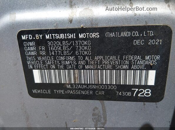 ML32AUHJ6NH003300 2022 MITSUBISHI MIRAGE Silver Widok komory silnika