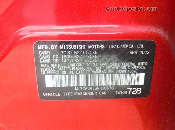 ML32AUHJ6NH006701 2022 MITSUBISHI MIRAGE Red Vista del compartimento del motor