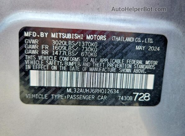 ML32AUHJ6RH012634 2024 MITSUBISHI MIRAGE Silver VIN sticker view