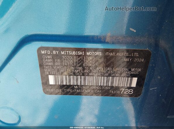 ML32AUHJ6RH013069 2024 MITSUBISHI MIRAGE Blue Engine compartment view