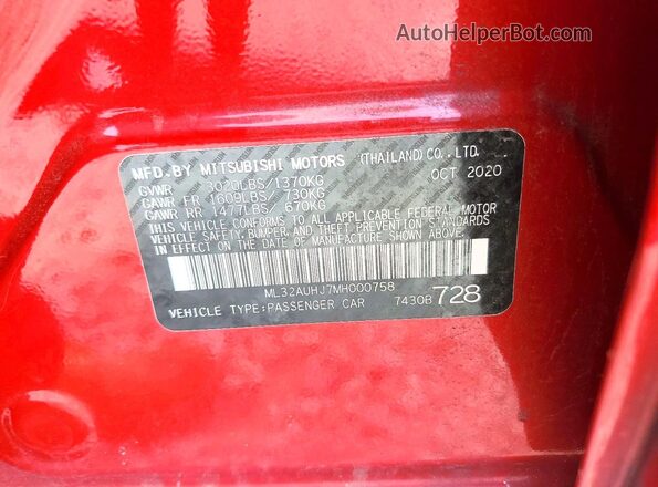 ML32AUHJ7MH000758 2021 MITSUBISHI MIRAGE Red Vista del compartimento del motor