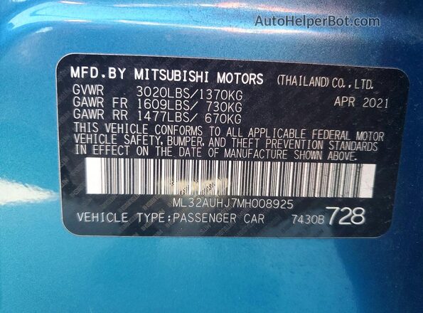 ML32AUHJ7MH008925 2021 MITSUBISHI MIRAGE Синий Вид подкапотного пространства