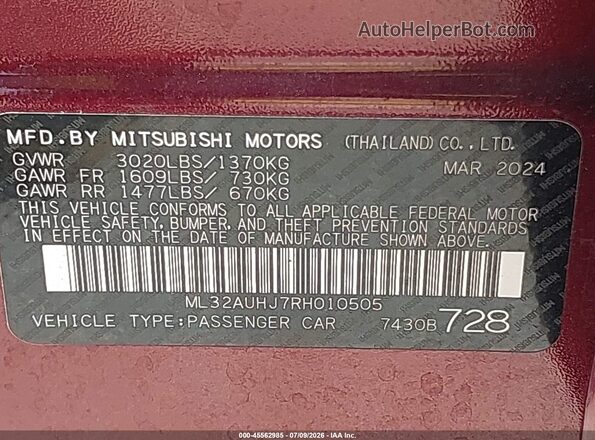 ML32AUHJ7RH010505 2024 MITSUBISHI MIRAGE Red Շարժիչի բաժամունքի տեսք