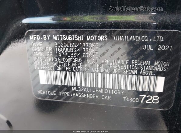 ML32AUHJ8MH011087 2021 MITSUBISHI MIRAGE Black Vista del compartimento del motor