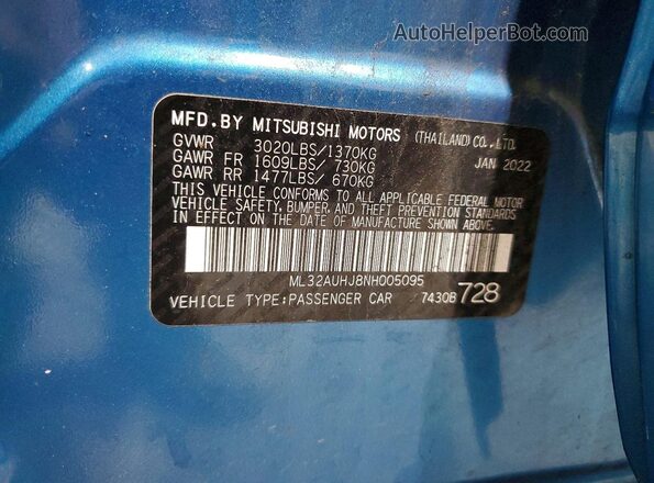 ML32AUHJ8NH005095 2022 MITSUBISHI MIRAGE Blue Widok naklejki z numerem VIN