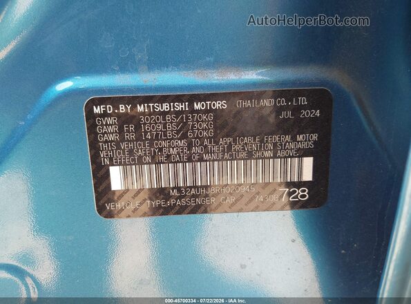 ML32AUHJ8RH020945 2024 MITSUBISHI MIRAGE Blue Շարժիչի բաժամունքի տեսք