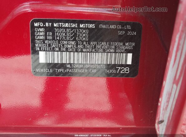 ML32AUHJ8RH028155 2024 MITSUBISHI MIRAGE Red Vista del compartimento del motor