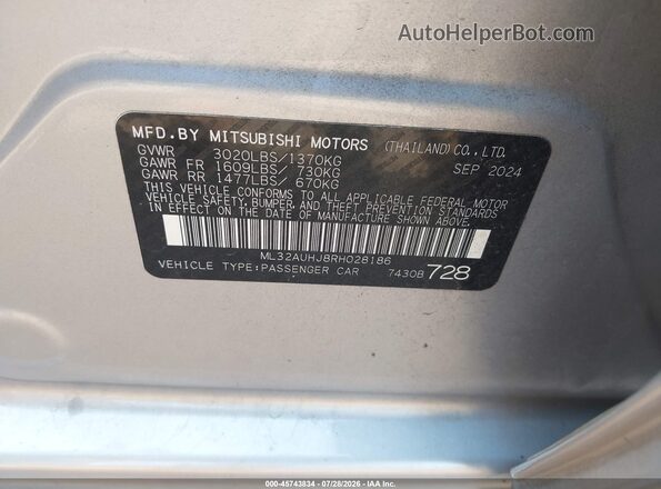 ML32AUHJ8RH028186 2024 MITSUBISHI MIRAGE Silver Widok komory silnika
