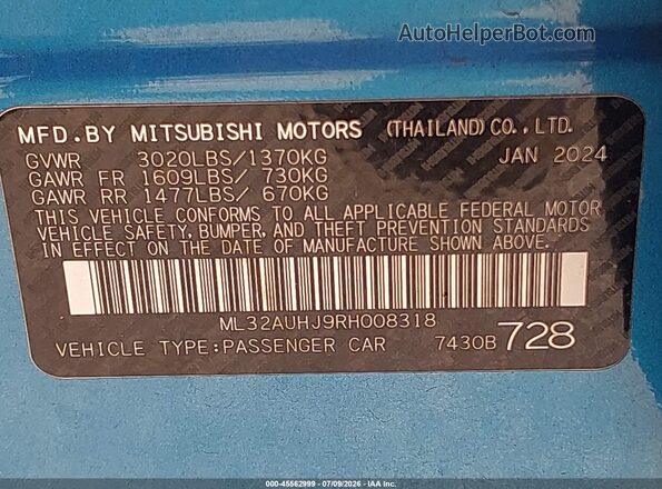 ML32AUHJ9RH008318 2024 MITSUBISHI MIRAGE Синий Вид подкапотного пространства