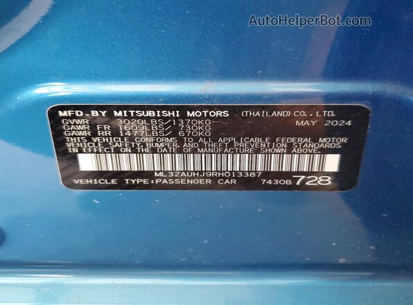ML32AUHJ9RH013387 2024 MITSUBISHI MIRAGE Turquoise Widok komory silnika