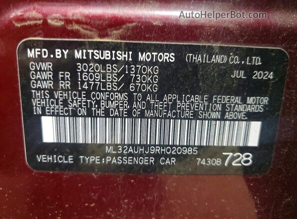 ML32AUHJ9RH020985 2024 MITSUBISHI MIRAGE Burgundy Vista del compartimento del motor