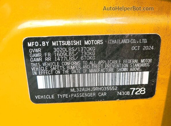 ML32AUHJ9RH035552 2024 MITSUBISHI MIRAGE Yellow VIN sticker view