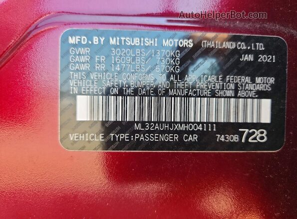 ML32AUHJXMH004111 2021 MITSUBISHI MIRAGE Maroon Widok naklejki z numerem VIN
