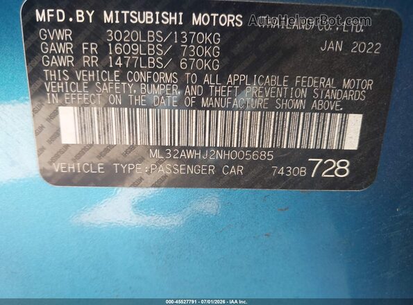 ML32AWHJ2NH005685 2022 MITSUBISHI MIRAGE Blue ძრავის განყოფილების ხედი