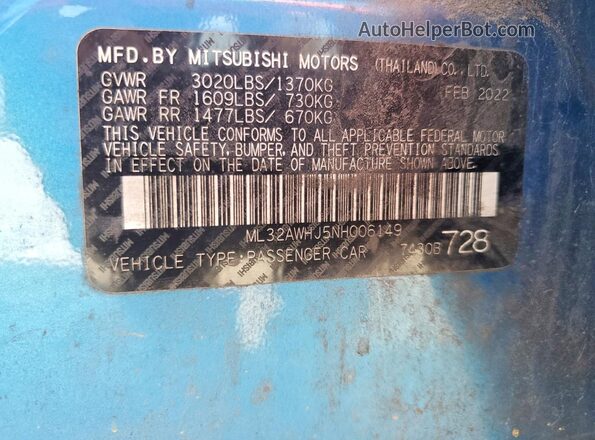 ML32AWHJ5NH006149 2022 MITSUBISHI MIRAGE Blue Widok naklejki z numerem VIN