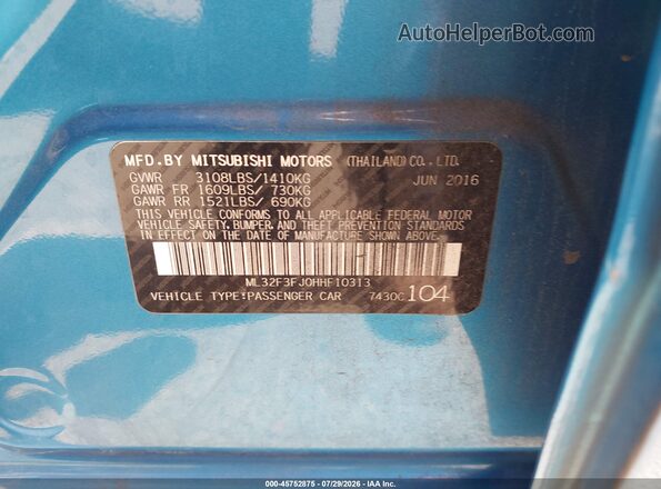 ML32F3FJ0HHF10313 2017 MITSUBISHI MIRAGE G4 Blue Widok komory silnika